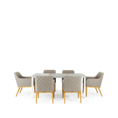6 chairs around a rectangular table in a pale grey colour on a white background