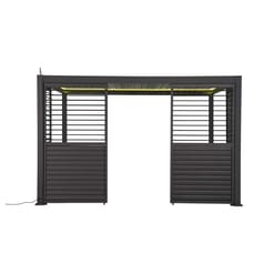Modern black luxury outdoor pergola with horizontal slats, perfect for patio or backyard shade solutions, offering stylish privacy and durable construction.
