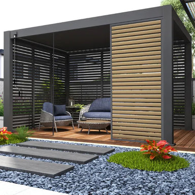 3.0m x 4.0m Emperor Pergola ai generated image with seating and modern garden design. 1 third is covered with oak effect side wall.